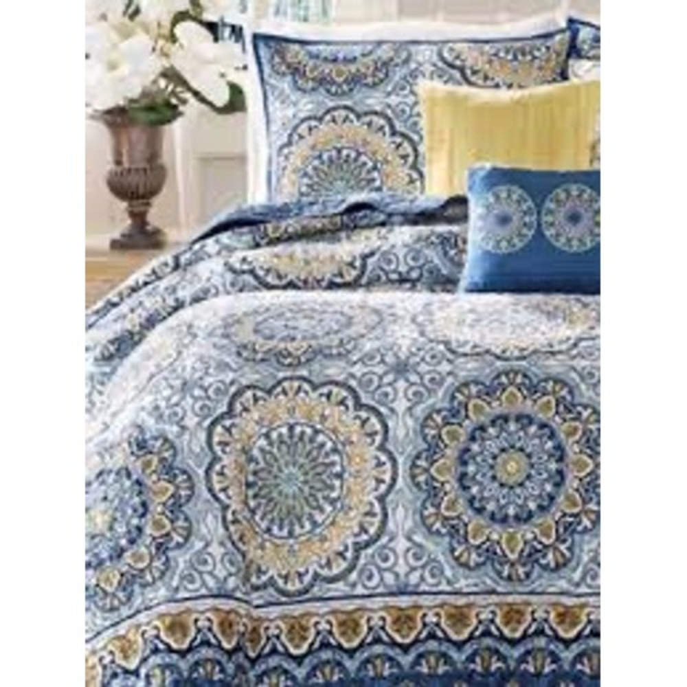 Blue Gold Mandala Medallion Quilt Set Bohemian Vermicelli Quilted Bedding Queen